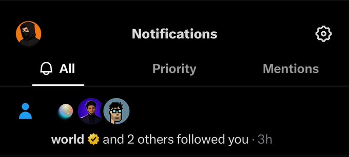 A screenshot of a social media notifications panel showing tabs for 'All', 'Priority', and 'Mentions', with a notification that 'world and 2 others followed you' 3 hours ago.