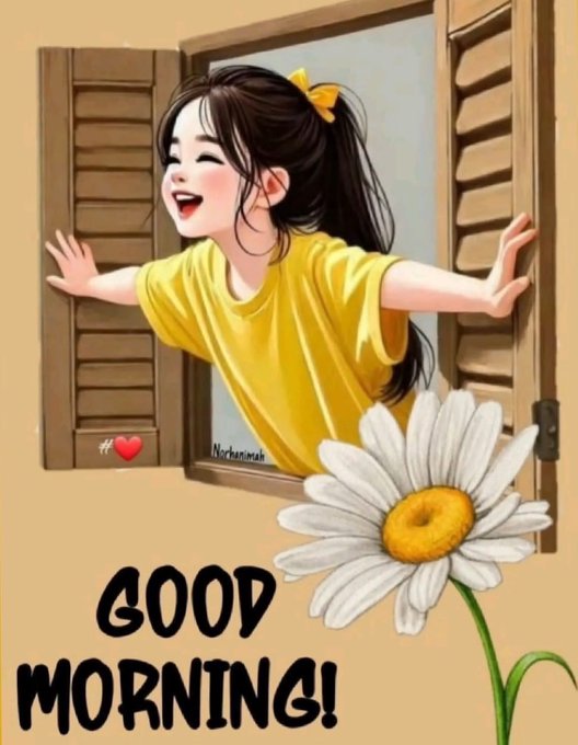 The image features a girl wearing a yellow shirt standing by an open window with her arms outstretched. The background of the image is white, which contrasts nicely with the girl's vibrant yellow shirt. Below the girl, there are two flowers - one large flower on the right side and another smaller one in the bottom left corner. The text "Good Morning!" is written above the girl, and below it, there is a small heart symbol.