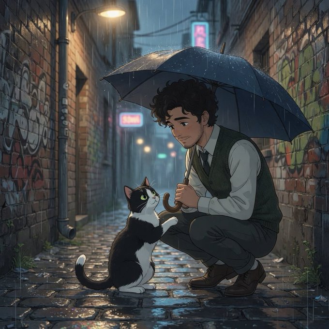 The image features a man kneeling down next to a black and white cat, both of them sharing an umbrella while standing under a street lamp. The scene takes place in a rainy alleyway with graffiti-covered walls surrounding them. The man appears to be looking at the cat, possibly admiring its beauty or enjoying their time together despite the rain.