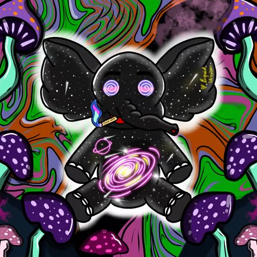A psychedelic illustration of a black plush elephant with swirling galaxy-patterned eyes and a cosmic galaxy on its belly, surrounded by mushroom-like purple forms on a trippy background.