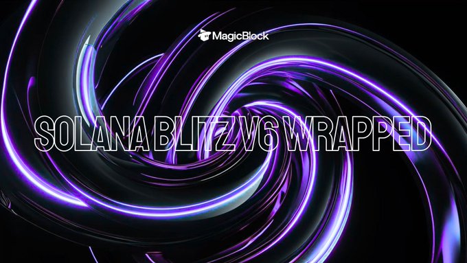A stylized graphic with purple swirling light effects on a black background featuring the text 'SOLANA BLITZ V6 WRAPPED' and a 'MagicBlock' logo at the top.