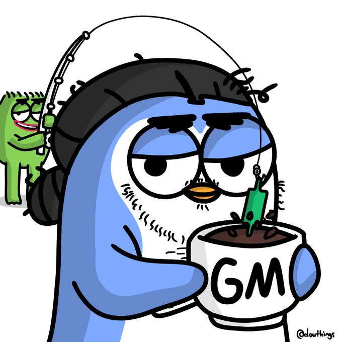 A cartoon illustration of a tired-looking blue penguin character wearing headphones, holding a mug labeled "GM" with green steam, signed by @clouthings.
