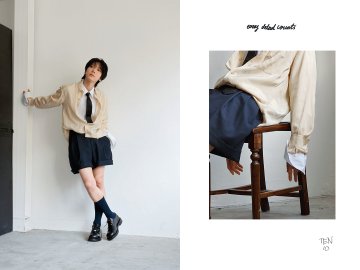 The image is a two-panel fashion lookbook showcasing a model wearing a cream button-up blouse with a black tie, paired with dark shorts, knee-high socks, and chunky shoes. The text "my ideals counts" appears in the upper right, and the right panel includes "#11" branding, aligning with the post's "#TEN #illimnt" theme of marking a new personal journey through curated, minimalist style.