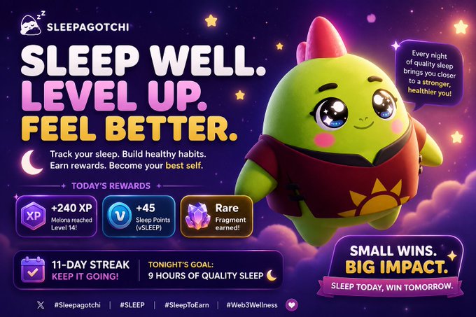 The image features a cartoon character, specifically a green dinosaur or frog-like creature with a pink head and red body, sitting under a starry sky. The character appears to be smiling at the camera. The background of the image is purple, which contrasts nicely with the green color of the character. In the bottom right corner of the image, there are two texts: "SLEEP WELDCATS" and "SLEEP WELL. LEVEL UP. Feel Better." These texts appear to be part of a promotional poster for a sleep app or game called Sleepogotchi. The main focus of the image is on the cartoon character, with the text in the bottom right corner providing additional information about the app or game.