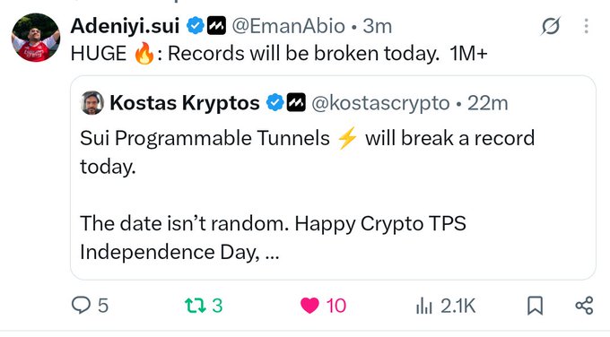 X post by Adeniyi.sui (@EmanAbio) quoting Kostas Kryptos (@kostascrypto), reading 'HUGE 🔥: Records will be broken today. 1M+' and 'Sui Programmable Tunnels ⚡ will break a record today. The date isn't random. Happy Crypto TPS Independence Day,...'