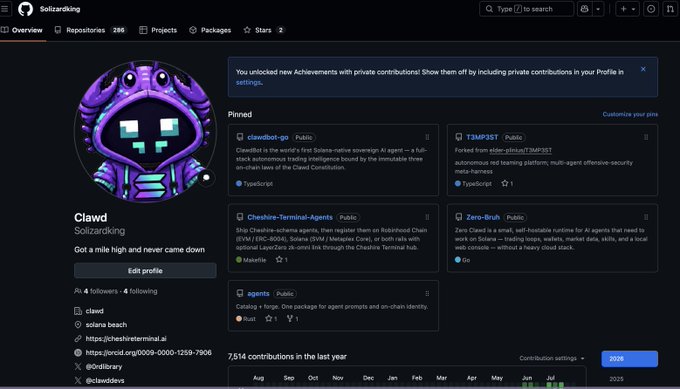 A GitHub profile page for user 'Clawd' under the organization 'Solizardking', displaying pinned repositories like 'clawdbot-go' and 'Cheshire-Terminal-Agents'.