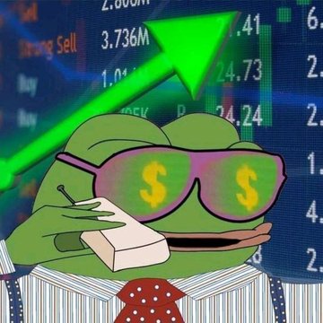 A Pepe the Frog meme character wearing "$" sunglasses reads a book in front of a stock chart showing an upward green arrow, with visible tickers like AAPL and prices including $3.736M and $2.865M—symbolizing the shrewd crypto trader who profited $348,163 on Ethereum by betting against market expectations of price drops to $2,000 and $1,800.