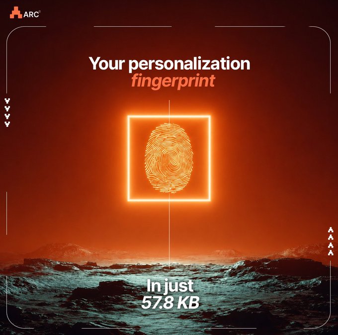 A promotional graphic with an orange neon fingerprint design, reading 'Your personalization fingerprint' and 'In just 57.8 KB' against a desert landscape.