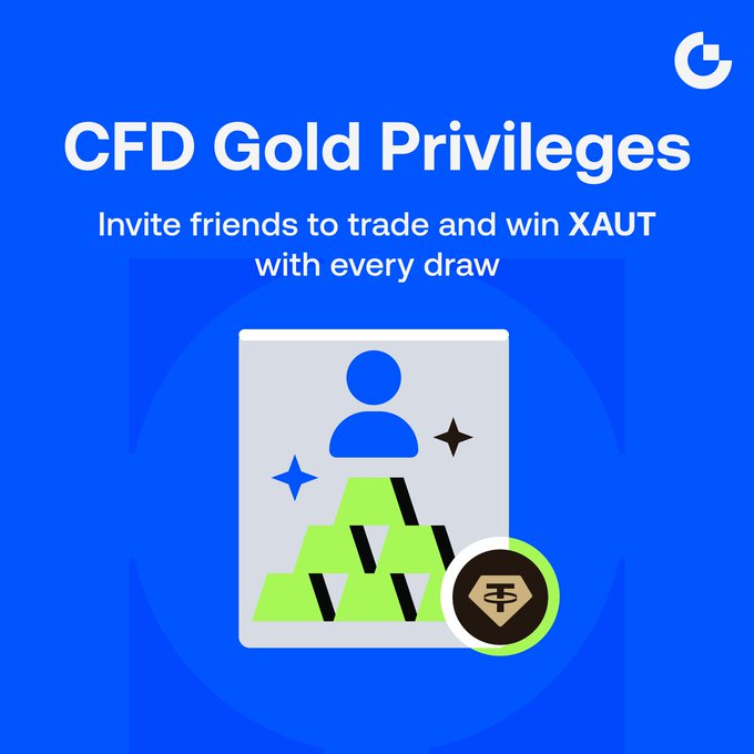 A promotional graphic for "CFD Gold Privileges" featuring the campaign headline "Invite friends to trade and win XAUT with every draw" alongside an illustration of a user profile, gold bars, and a token symbol, highlighting the referral program where inviting friends to trade CFDs earns lucky draw entries for XAUT rewards.