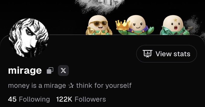 The image displays a social media profile for "mirage" with a bio reading "money is a mirage ☆ think for yourself," featuring 45 following and 122K followers, along with cartoon emojis wearing crowns and sunglasses. This profile is being used to promote the referral link "pump.fun/join/mirage" shared in the accompanying post.