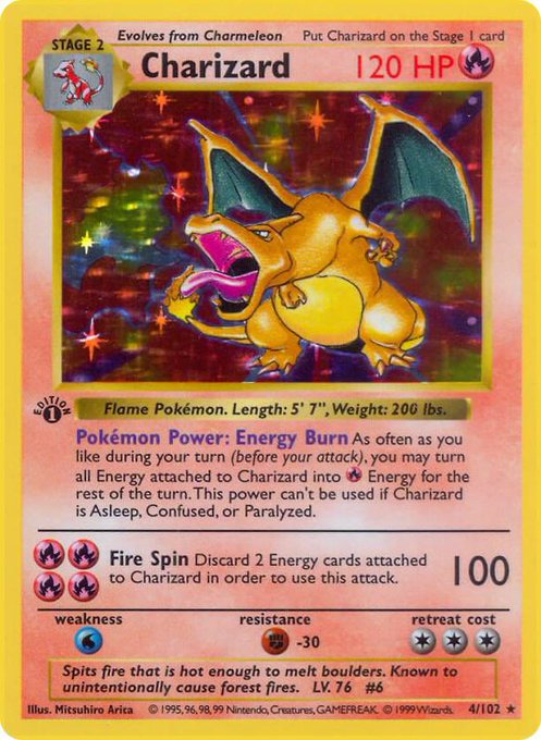 A classic holographic Pokémon trading card featuring Charizard, a Stage 2 Fire Pokémon, with 120 HP and the attack "Fire Spin" dealing 100 damage.