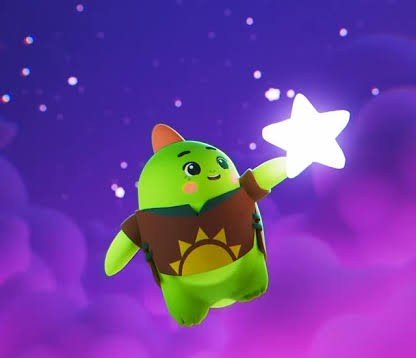 A cute 3D-rendered green cartoon character with a small orange fin on its head, wearing a brown vest with a sun emblem, reaching up toward a glowing white star against a purple, starry sky.