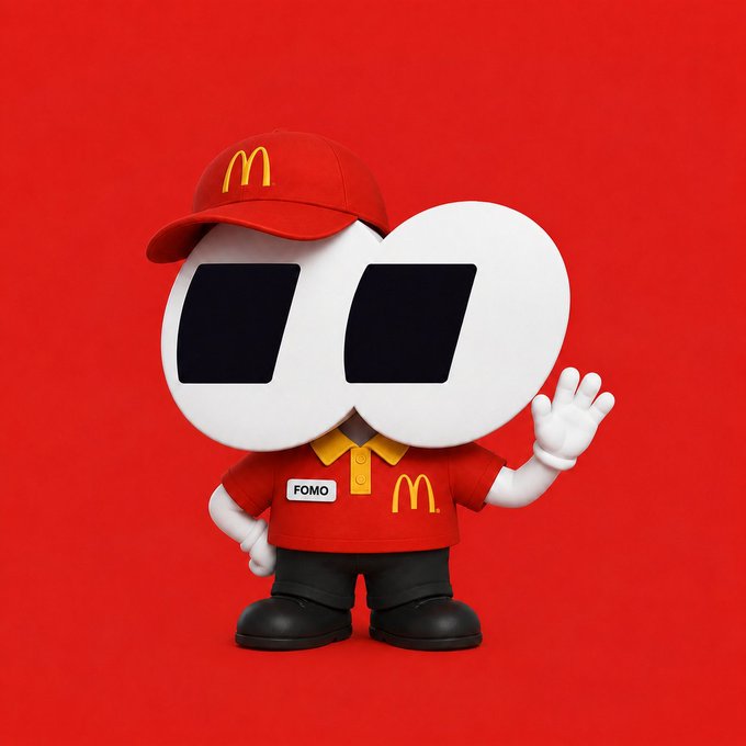 A 3D-rendered character with large oval eyes wears a red McDonald's cap and uniform with a 'FOMO' nametag and McDonald's logo, waving against a red background.