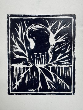 A black and white woodcut or linocut print depicting a stylized figure or animal surrounded by radiating leaves and branches within a rectangular border.