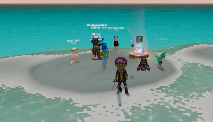 A screenshot from a 3D virtual world game (likely Decentraland) showing several avatar characters gathered on a small beach island with player name tags like 'Eastlondroer', 'Billy Big', 'Viking', and 'CAST' visible above their heads.
