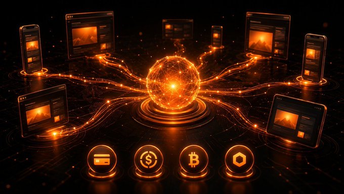 A futuristic digital illustration showing a glowing orange energy sphere connected by light streams to various devices (phones, tablets, monitors), with cryptocurrency icons (credit card, dollar, Bitcoin, hexagon) displayed below.
