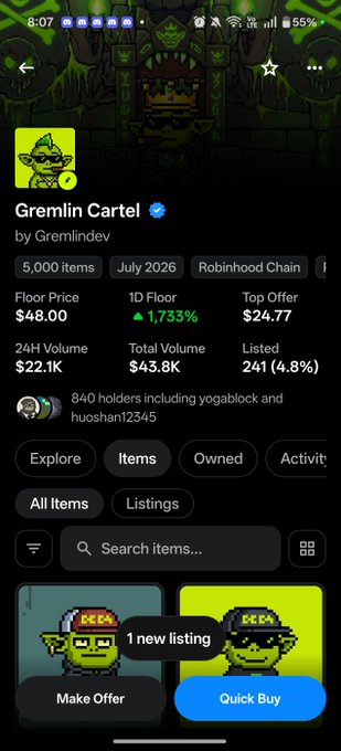 Mobile screenshot of the 'Gremin Cartel' NFT collection page by Gremlindev on Robinhood Chain, showing a floor price of $48.00, 5,000 items, 840 holders, and item listings.