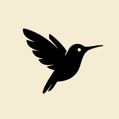A minimalist black silhouette logo of a hummingbird in flight against a beige background.