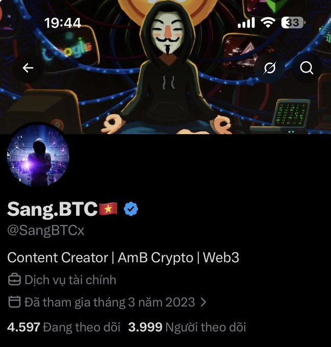 A Twitter/X profile for 'Sang.BTC' (@SangBTCx) describing themselves as 'Content Creator | AmB Crypto | Web3' with 4,597 following and 3,999 followers, featuring an Anonymous mask avatar.