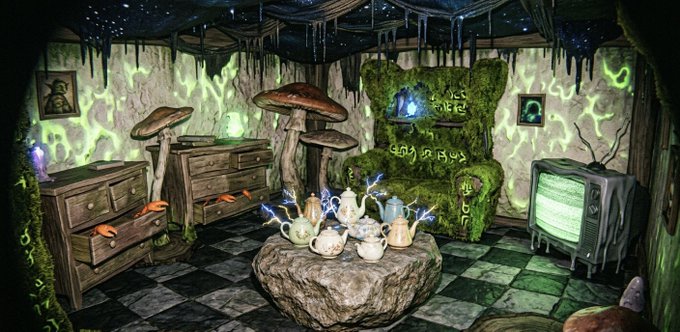 The image features a room with green walls, a large rock formation as the centerpiece, and various objects scattered throughout the space. The room has a unique design that includes a teddy bear sitting atop a rock formation, surrounded by mushrooms and other strange items. A television is also present in the room, adding to its quirky atmosphere. The post about this room seems to be promoting an imaginary world or fantastical setting with elements like the rock formation and the teddy bear.