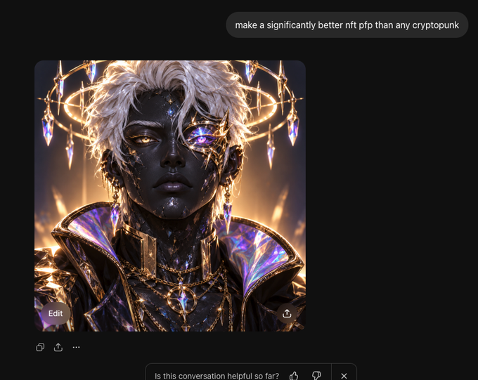 An AI chatbot interface displays a digital artwork of a dark-skinned character with white hair and golden accents, with the prompt 'make a significantly better nft pfp than any cryptopunk'.