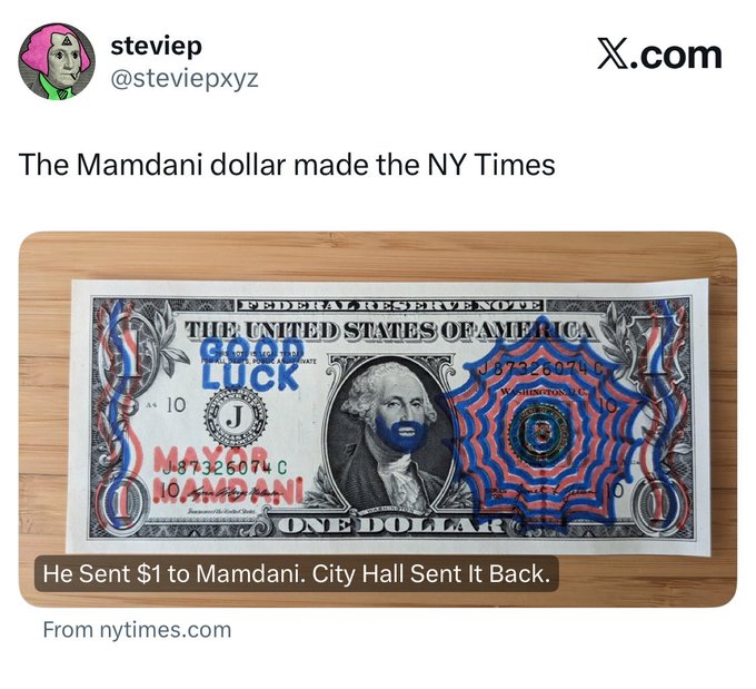 A tweet by steviepxyz (@steviepxyz) showing a hand-drawn/artistic dollar bill with 'GOOD LUCK', 'MAMDANI', and a blue-bearded Washington, captioned 'The Mamdani dollar made the NY Times' and 'He Sent $1 to Mamdani. City Hall Sent It Back.' from nytimes.com.