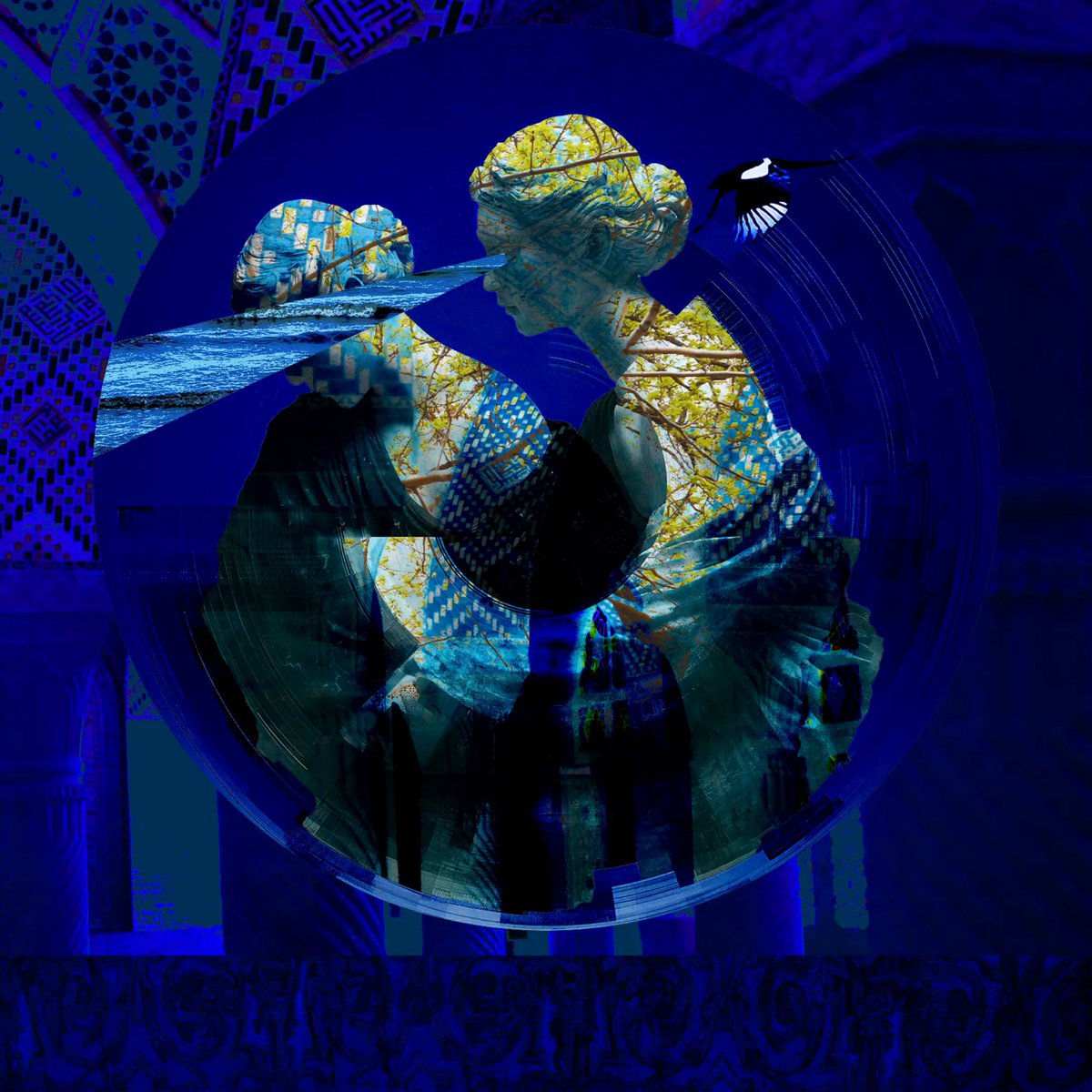 The image features a digital art piece that depicts three women with different colored dresses, each wearing a hat. One woman has blonde hair, another has black hair, and the third one has blue hair. The background of the artwork is dark blue, which contrasts with the lighter colors of the women's dresses. The post also mentions that this piece was created by @objktcom.