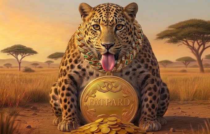 An AI-generated image of a leopard wearing jeweled gold chains sitting in an African savanna at sunset, with a large gold coin reading 'FATPARD' in front of it and a pile of gold coins at its feet.