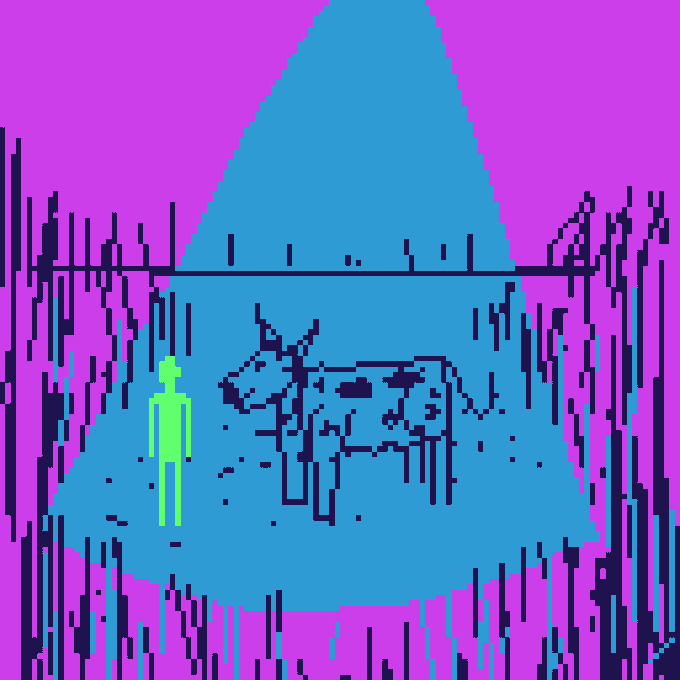 Pixel art image showing a bright green humanoid figure standing next to a cow inside a blue barn-like structure against a magenta background.