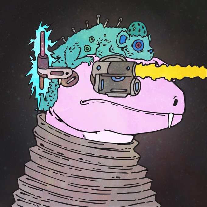 A cartoonish pink snake-like creature with robotic implants, a green spiky back, and a small turquoise reptilian companion on its head sits coiled up against a dark starry background. The image visually represents the "Immortal 0002/1000" NFT from the @GalacticGeckoSG collection, illustrating the creature-themed artwork referenced in the post about the supply reduction.