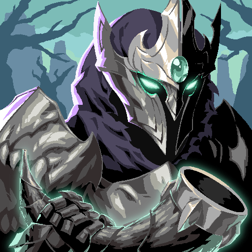 Pixel art illustration of an armored fantasy knight or warrior with a horned helmet featuring glowing green eyes and a green gem, holding a large weapon.