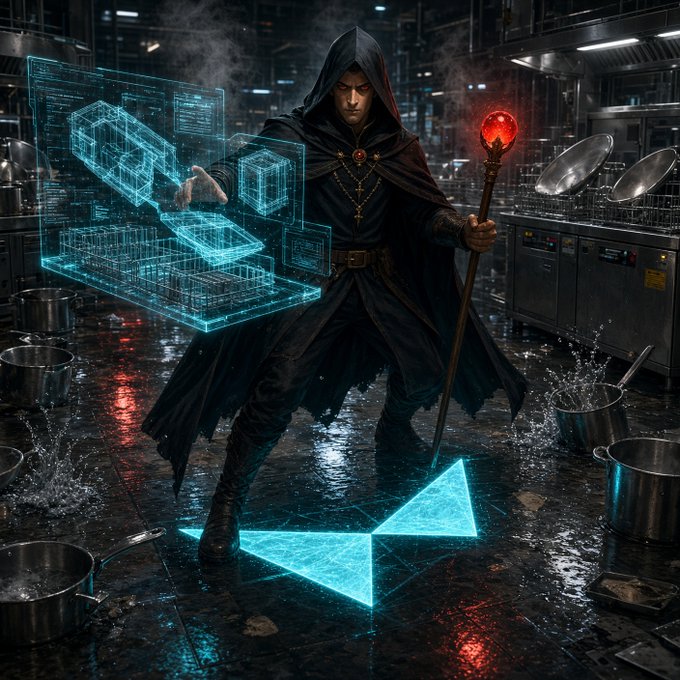 A hooded, staff-wielding figure conjures glowing cyan holograms of equipment and a floor projection amid a chaotic, water-slicked commercial kitchen scattered with overflowing pots and industrial wash stations—visually echoing the caption's theme of uncovering hidden, room-specific details like drain lips and rack heights that no map layer can capture.