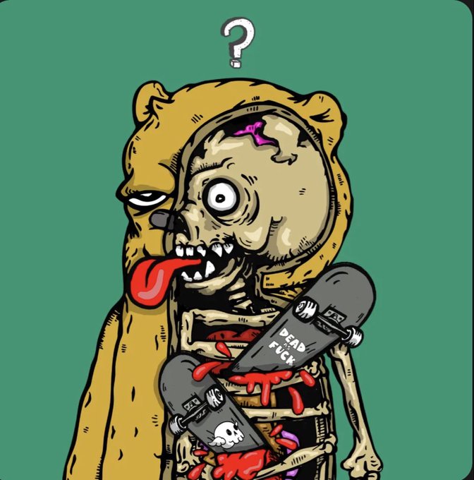 Cartoon illustration of a zombie bear character with a question mark above its head, red tongue hanging out, holding skateboards with 'DEAD FUCK' written on them against a green background.