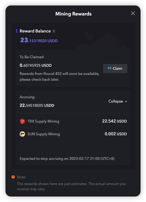 A "Mining Rewards" dashboard displays a Reward Balance of 23.15319020 USDD, with 0.60745925 USDD ready to claim and 22.54518505 USDD still accruing—largely from TRX Supply Mining (22.542 USDD) and a small contribution from SUN Supply Mining (0.002 USDD)—illustrating the active USDD 2.0 Supply Mining incentives driving TRON DeFi participation.