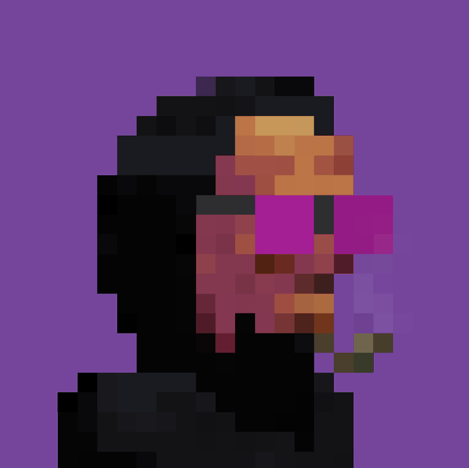 A pixel art hooded figure rendered in dark, muted tones stands against a solid purple background, likely representing a CryptoPunk NFT avatar being referenced in the post. The rare hoodie attribute, which the user highlights as valuable, is visible as the dark hooded garment draped over the figure's shoulders.