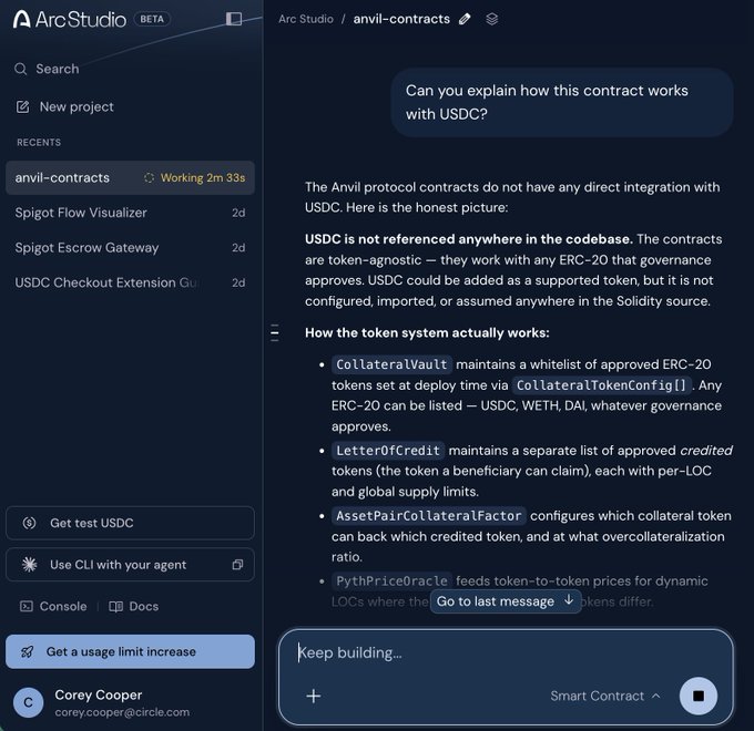 A screenshot of Arc Studio showing a coding assistant chat explaining how Anvil protocol contracts work with USDC, noting it has no direct integration.
