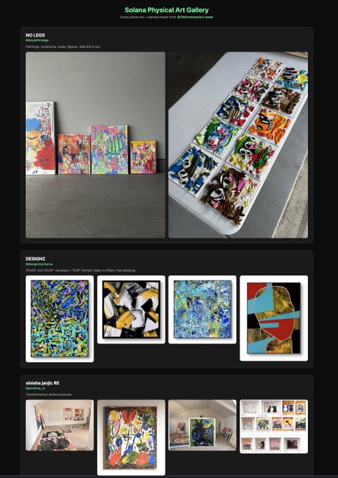 The image showcases "Solana Physical Art Gallery," a portfolio website featuring vibrant physical paintings and digital NFT art created from @shinjuku.leras, with sections labeled "NO LEGOS," "DESIGNZ," and "shinahu.lerglo RE." It highlights the growing intersection of traditional physical artwork and the Solana blockchain art culture mentioned in the post, demonstrating how artists are bridging digital NFTs with tangible creative expression.