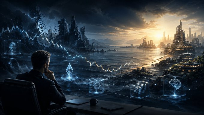 The image features a man sitting at a desk with his head resting on his hand while looking out of an office window overlooking a cityscape. There are several floating objects, including a computer monitor, keyboard, mouse, and cup, which seem to be part of a futuristic setting or artwork. The scene is set against a backdrop of a sunset over the ocean, creating a serene atmosphere.

The post seems to be discussing the current state of cryptocurrency markets and how they are affected by cycles in both traditional and crypto economies. It also mentions that there's an increasing number of NFT projects focusing on agentic narratives or trying to ride the agentic narrative. The man sitting at his desk appears to be contemplating these matters, possibly as a result of the visual representation provided by the floating objects and the sunset over the ocean.