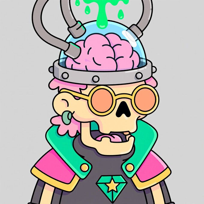 A cartoon character with a visible brain in a glass dome helmet wears orange goggles and a teal and pink outfit with a star emblem on a gray background.