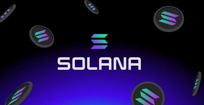 A graphic displaying the Solana cryptocurrency logo and the text "SOLANA" on a dark purple background, with additional floating Solana coin icons.