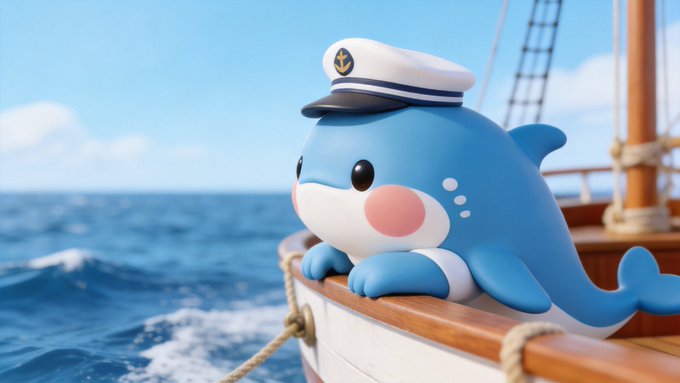 A cute, cartoon-style 3D illustration shows a baby blue dolphin wearing a white sailor hat leaning over the wooden railing of a ship sailing on the ocean.