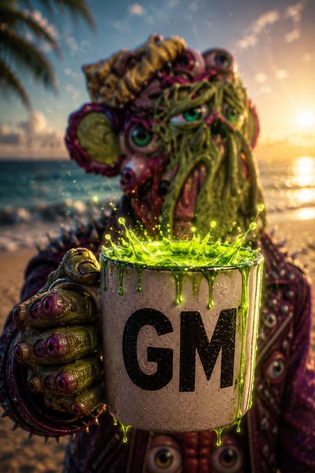 A grotesque green zombie-like creature with multiple eyes and a drooling mouth holds a mug labeled 'GM' overflowing with glowing green liquid, set against a tropical beach sunset.