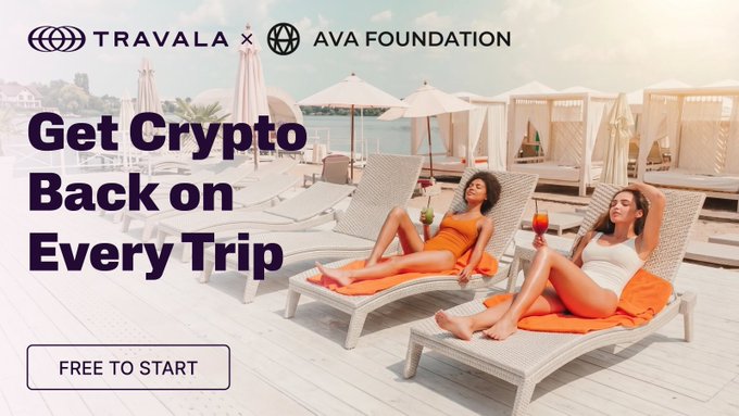 The image shows two women sitting on white lounge chairs with their legs crossed, enjoying a relaxing day at the beach. The background features several umbrellas providing shade from the sun. In the foreground of the image, there's text that reads "Get Crypto Back On Every Trip" and "Free to start". This suggests that the image is promoting a program or service related to cryptocurrency, possibly offering users the opportunity to invest in crypto while enjoying their time at the beach.