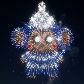 Fireworks display forming the shape of Mickey Mouse's face with red, white, and blue bursts against a dark night sky.