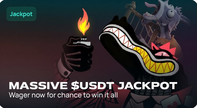 A promotional graphic featuring a cartoon monster with sharp teeth, a hand holding a torch, and a lyre, with a 'Jackpot' badge and text reading 'MASSIVE $USDT JACKPOT - Wager now for chance to win it all'.