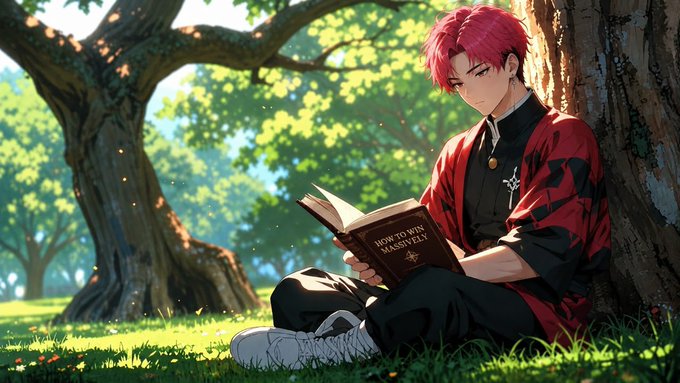 Anime-style artwork depicts a red-haired male character in a red and black patterned kimono, sitting under a tree in a sunny park reading a book titled "HOW TO RUN MATE? TELL".