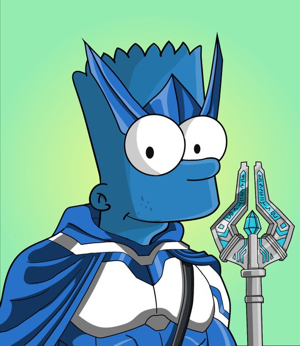 A cartoon Bart Simpson styled as a blue wizard/sorcerer holding a glowing staff, with no visible text, used to promote a giveaway of 10x GTD and 15x FCFS spot mints from the @alphasimpsRH NFT collection for the RH-DA launch.