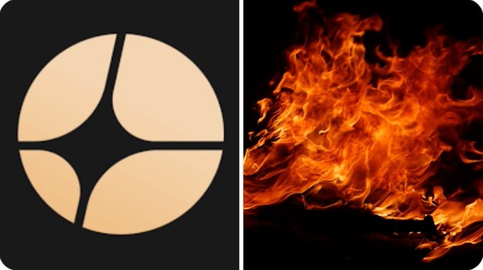 A split image showing the AsterDEX logo (a beige circle with a four-pointed star cutout on a black background) on the left and a vivid fire burning on the right, visually symbolizing the burning of nearly 3 million $ASTER tokens from the team's allocation following the tokenomics upgrade.