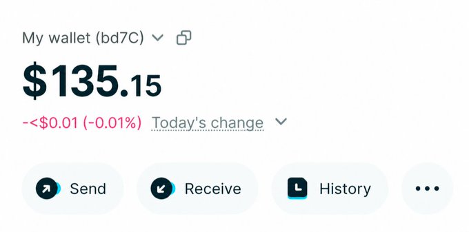 A crypto wallet labeled “My wallet (bd7C)” shows a balance of $135.15, with today’s change shown as “-<$0.01 (-0.01%),” plus Send, Receive, and History buttons.