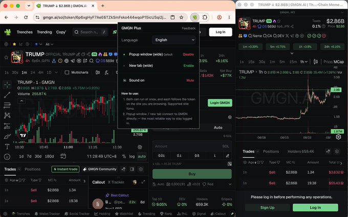 Browser screenshot of the GMGN.ai memecoin trading platform showing the TRUMP token chart with a market cap of $2.86B and the GMGN Plus popup settings window open.